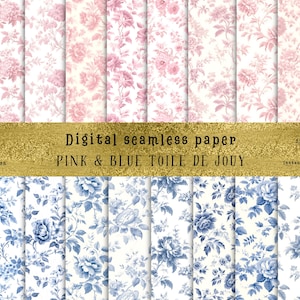 21 Carta digitale Toile De Jouy rosa e blu, motivi floreali vintage, sfondi chinoiserie rosa e blu, carta per album digitale, tessuto