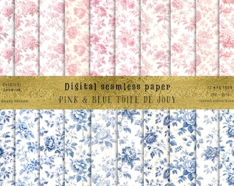 21 Pink & Blue Toile De Jouy Digital Paper, Vintage Floral Patterns, Pink And Blue Chinoiserie Backgrounds, Digital Scrapbook Paper, Fabric