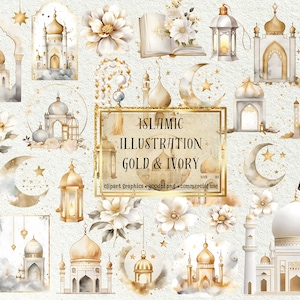 Könnte beinhalten: Eine Sammlung islamischer Illustrationen in Gold- und Elfenbeintönen. Die Illustrationen umfassen Moscheen, Laternen, Monde, Sterne, Blumen und eine Frau mit Kopftuch. Der Text "Islamic Illustration Gold & Ivory" ist im Bild enthalten.