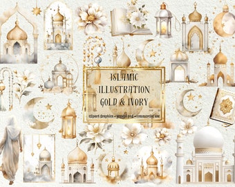 Luxury Gold Foil, Ivory White Islamic Clipart Bundle - 40+1 Bonus PNGs for Ramadan, Eid, Invitations & More - Commercial Use Digital Art