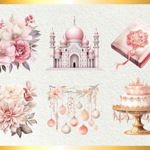 Puede incluir: Un conjunto de seis ilustraciones digitales que representan una mezquita rosa, un ramo de flores, una corona floral con adornos rosas, un pastel rosa y blanco con un soporte dorado, un ramo de flores rosa y blanco y un libro rosa y dorado con dise&ntilde;os intrincados.