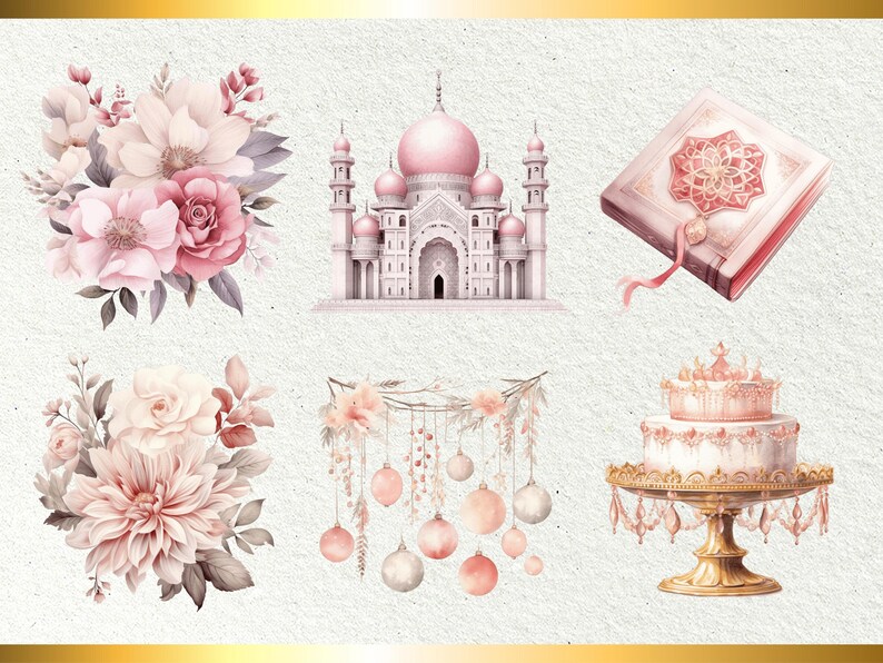 Puede incluir: Un conjunto de seis ilustraciones digitales que representan una mezquita rosa, un ramo de flores, una corona floral con adornos rosas, un pastel rosa y blanco con un soporte dorado, un ramo de flores rosa y blanco y un libro rosa y dorado con dise&ntilde;os intrincados.