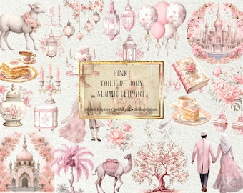 74 Pink Toile de Jouy Islamic Illustration Cliparts| High-Quality PNG | Commercial Use | Ramadan, Eid, Sublimation, Scrapbooking, Wall Art.