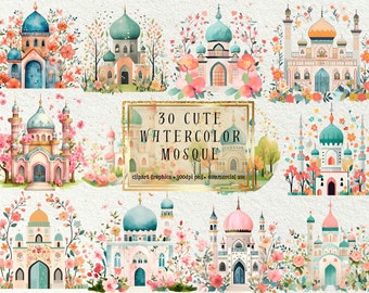 Pacchetto di 30+2 bonus super carino clipart della moschea islamica - perfetto per decorazioni Ramadan e Eid, scrapbooking, inviti - PNG di alta qualità