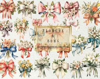 Vintage Bow & Bouquet Flowers Clipart Set – Commercial Use (PNG)