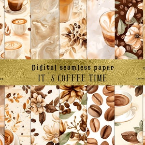 以下が含まれることがあります： 茶碗、コーヒー豆、花柄をブラウン、ベージュ、ホワイトで描いた、12種類のデジタルシームレスパターンセット。パターンは30.48cm×30.48cmで、クラフトやデザインプロジェクトに最適です。