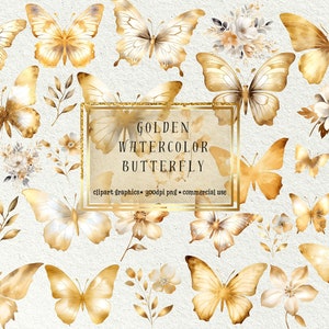 Ensemble exclusif de 42 cliparts aquarelles dorés, papillons et fleurs - PNG haute résolution 300 DPI pour usage commercial, créations manuelles, art mural