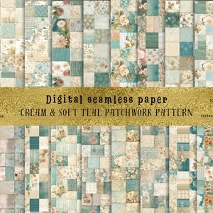May include: A digital paper pack with 12 seamless patterns featuring a cream and teal patchwork design with floral accents. Each pattern is 12x12 inches and is a JPG file.