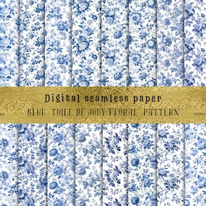 21 bezszwowych niebieskich wzorów Toile de Jouy Floral |Idealne do majsterkowania, sublimacji i nie tylko! Wysokiej jakości 300 DPI JPG | Do użytku komercyjnego