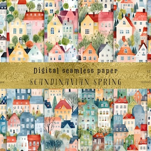 Vibrant Scandinavian Watercolor Houses - Set of 16 Seamless Patterns for DIY Crafting and Commercial Use + Suprise Pattern, Commercial use