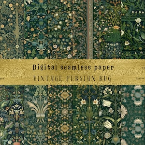 May include: A set of 12 digital seamless paper patterns featuring a vintage Persian rug design. The patterns are in shades of green, white, and gold, and feature intricate floral motifs. Each pattern is 12 inches by 12 inches and is available for instant digital download.