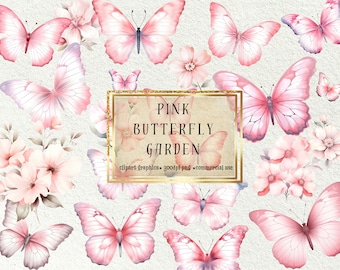 Pink Butterfly Clipart, Watercolor Garden Flowers (INSTANT DOWNLOAD)