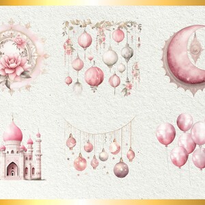 Puede incluir: Un conjunto de seis ilustraciones digitales con dise&ntilde;os de acuarela rosa y blanco. Las ilustraciones incluyen un mandala floral, una luna creciente, una mezquita, una cadena de linternas y dos juegos de globos.