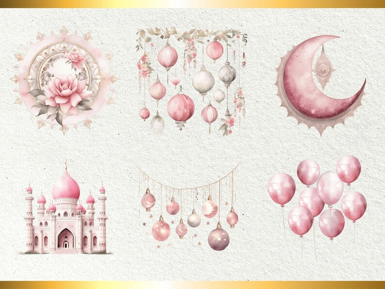 Puede incluir: Un conjunto de seis ilustraciones digitales con dise&ntilde;os de acuarela rosa y blanco. Las ilustraciones incluyen un mandala floral, una luna creciente, una mezquita, una cadena de linternas y dos juegos de globos.