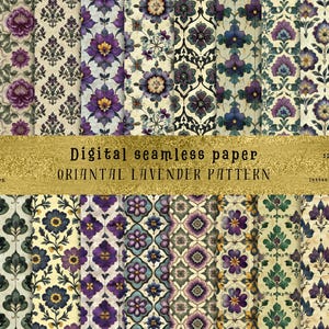 May include: A set of 12 digital seamless paper patterns featuring a purple and green oriental floral design. The patterns are 12x12 inches and are available for instant download.