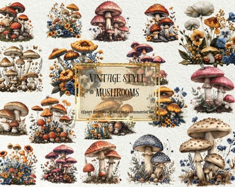 Vintage Mushroom Clipart Set – Whimsical Illustrations (300 DPI, Commercial Use)