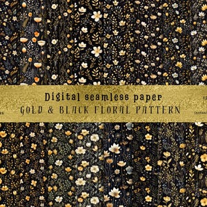 21 Angela Barrett Style Gold Floral auf schwarzen nahtlosen Mustern | Decopage, Digitaler download, Sublimation, Stoffdruck, Kommerzielle Nutzung!