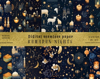Islamic Patterns, Indigo Gold Foil, Seamless Digital Paper (Digital Download)