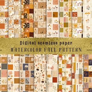 May include: A set of 24 digital seamless patterns featuring watercolor fall foliage in shades of orange, yellow, brown, and cream. The patterns are arranged in a grid and are perfect for use in scrapbooking, card making, and other craft projects.