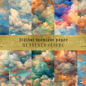 May include: A digital paper pack featuring 6 seamless patterns of painted clouds in shades of blue, orange, yellow, and white. The patterns are 12 inches by 12 inches and are available for instant download.