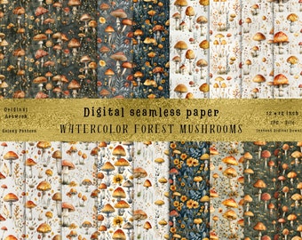 May include: A set of six digital seamless paper patterns featuring watercolor illustrations of forest mushrooms in various shades of brown, orange, and yellow. The patterns are set against a white background with hints of blue and green.