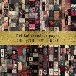 May include: A digital paper pack with 100 12x12 inch seamless patterns in a gothic patchwork style. The patterns feature a variety of colors, including black, red, pink, and white. The patterns include floral designs, skulls, and other gothic elements.
