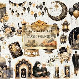 May include: Elegant gold and black Islamic clip art collection featuring a crescent moon, mosque, lanterns, and other decorative elements.