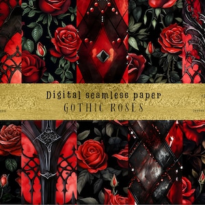 Luxury Rose Gothic Digital Paper, Gothic Digital Paper, seamless Halloween Backgrounds Black and Red Damask Rose gothic scrapbook paper