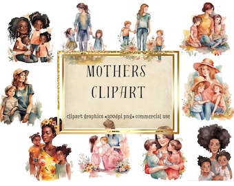 Moeder en kinderen aquarel clipartset – commercieel gebruik (PNG-bestanden)