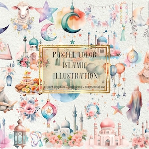 Op de afbeelding: Een set pastelkleurige aquarel illustraties met islamitische thema's. De set bevat afbeeldingen van moskeeën, lantaarns, sterren, manen, bloemen en mensen. De tekst "Pastel Color Islamic Illustration" is in de afbeelding opgenomen.