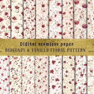 21 motivi floreali senza cuciture color bordeaux e vaniglia in stile Angela Barrett / Decopage, Junk Journal, Sublimazione, Tessuto, Uso commerciale!