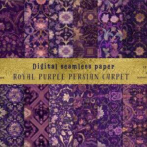 Pode incluir: Um conjunto de 12 padrões de papel digital sem costura que apresentam intrincados desenhos de tapetes persas em roxo e dourado. Cada padrão mede 30,5x30,5 cm e está disponível para download instantâneo.