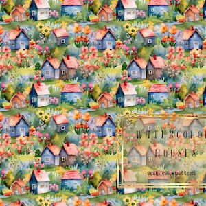 Seamless Pattern Watercolor Houses, Commercial Use + Suprise Bonus Seamless Pattern, Digital Download for DIY Crafting