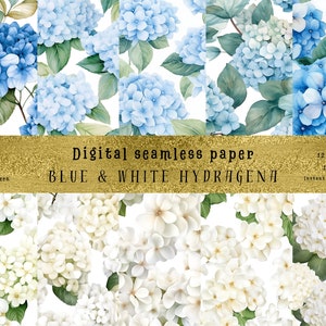 Watercolor Hydrangea Seamless Pattern Set -10 Blue and White Floral Designs for DIY Crafts, Art Projects, and Commercial Use + Suprise Bonus