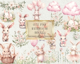 Pink Häschen Clipart: Aquarell Baby Kaninchen Kunst (Digitaler Download)