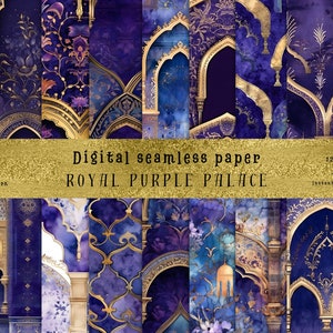 May include: A digital paper pack with 12 seamless patterns featuring intricate gold and purple designs. The patterns depict arches, floral motifs, and geometric shapes, creating a luxurious and ornate aesthetic. The text "ROYAL PURPLE PALACE" is displayed on the image.