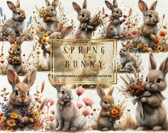Watercolor Bunny Clipart – Spring Flowers Graphics (Digital Download)