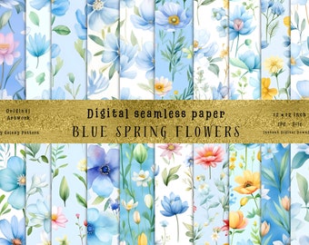 May include: A set of 12 digital seamless paper patterns featuring blue spring flowers in watercolor style. Each pattern is 12 inches by 12 inches and is available as a JPG file for instant download.