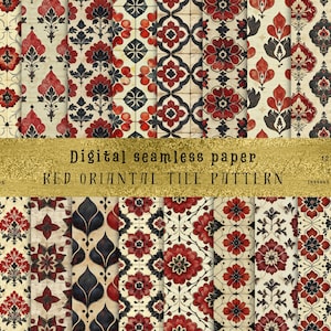 May include: Digital seamless paper featuring a red oriental tile pattern. The design includes floral and geometric motifs in red, black, and cream. The image includes the text "RED ORIANTAL TILE PATTERN" and "12 x 12 inch".