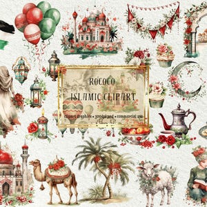 May include: A set of digital illustrations in a Rococo style featuring Islamic themes. The set includes a camel, a mosque, a teapot, a crescent moon, a book, a couple in traditional clothing, a flag, lanterns, flowers, and more. The illustrations are perfect for creating invitations, cards, and other projects.