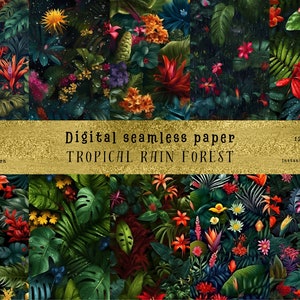 Può includere: Un motivo di carta digitale senza cuciture che presenta una scena di foresta pluviale tropicale con foglie verdi lussureggianti, fiori vibranti in tonalità di rosso, arancione, giallo e rosa, e uno sfondo scuro. Il testo "Digital seamless paper TROPICAL RAIN FOREST 12 x 12 inch JPG File Instant Digital Download" è visualizzato su uno stendardo dorato.