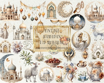 43+2 Bonus Vintage Style Islamic Clipart Bundle - Vintage Eid,Ramadan Illustrations for Home Decor, Fabric, High-Quality PNG, Commercial