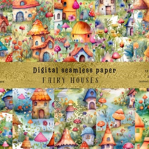 Magical Fairy Houses - Set of 10 Watercolor Seamless Patterns for DIY Crafting and Commercial Use, Printable scrapbook papers fairytale,