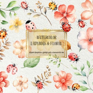 67 schattige clipartillustraties aquarel lieveheersbeestje en bloem | Perfect voor uitnodigingen, knutselen, sublimatie en meer! | Commercieel gebruik
