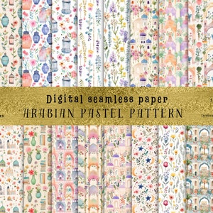 Pode incluir: Um conjunto de 12 padrões de papel digital sem costura com cores pastel e um tema árabe. Os padrões incluem desenhos florais, formas geométricas e elementos arquitetônicos. Os padrões medem 30,48 cm por 30,48 cm e estão disponíveis para download digital instantâneo.