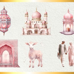 Puede incluir: Una ilustraci&oacute;n de acuarela de una mezquita rosa, una linterna rosa, un arco rosa, un cordero rosa y una pareja con ropa rosa. La ilustraci&oacute;n est&aacute; sobre un fondo blanco.