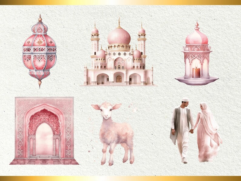 Puede incluir: Una ilustraci&oacute;n de acuarela de una mezquita rosa, una linterna rosa, un arco rosa, un cordero rosa y una pareja con ropa rosa. La ilustraci&oacute;n est&aacute; sobre un fondo blanco.