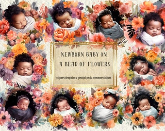 Aquarel pasgeboren baby clipartset | Afrikaanse baby, bloemen (digitale download)