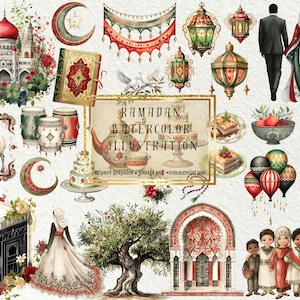 May include: A collection of watercolor illustrations featuring Ramadan themes. The illustrations include a mosque, lanterns, a crescent moon, a teapot, a plate of baklava, a woman in a headscarf, a tree, and a group of children. The illustrations are in a traditional style and are perfect for use in scrapbooking, card making, and other crafts.