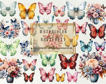 Watercolor Butterfly Clipart, Colorful PNG Graphics (Digital Download)